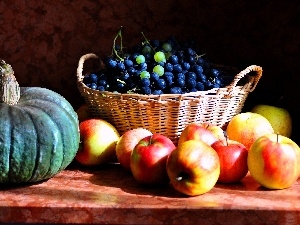 apples, Grapes, pumpkin, basket