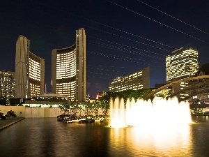 architecture, fountain, Toronto, Night, water