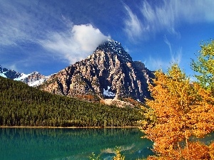 Autumn, lake, Mountains, trees, woods