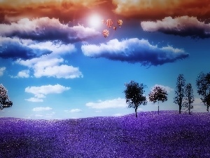 Balloons, clouds, Violet, Meadow