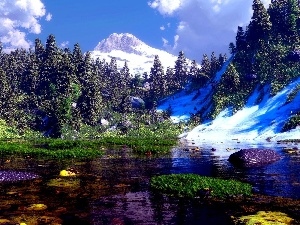 blue, forest, lake, Sky, Mountains