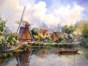 Boat, River, picture, Houses, Windmill