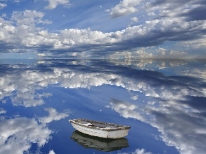 Boat, lake, clouds, reflection, Sky