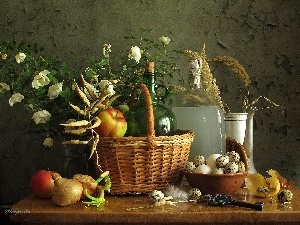 Bottles, basket, apples, quail, Flowers, eggs
