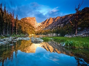 reflection, boulders, lake, west, forest, sun, Mountains