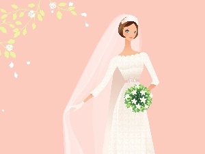 bouquet, White, Dress, lady, veil, young