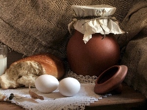 bread, eggs, pitcher, milk