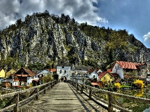 Germany, bridge, wooden, Mountains, Bavaria, buildings, River