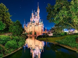 California, Night, Disneyland, Castle, USA, River