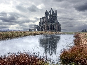 clouds, Pond - car, ruins, England, castle