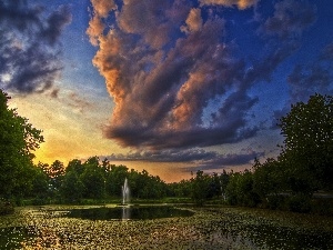 clouds, viewes, fountain, trees