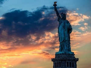 Przebijaj?ce, ligh, sun, luminosity, flash, statue, freedom, USA, clouds