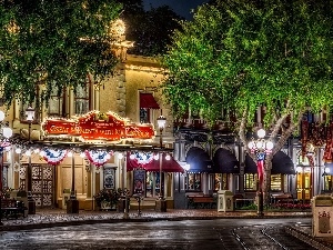 Disneyland, Street, Houses, California, illuminated