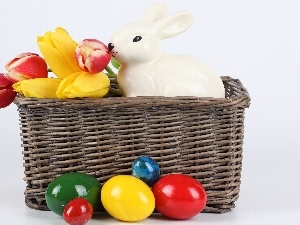 easter, basket, Tulips, porcelain, eggs, rabbit