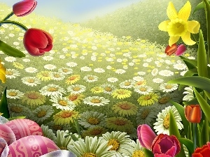 eggs, Flowers, paint, color, easter, Spring