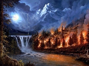 fire, Storm, Night, Mountains, waterfall