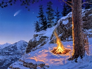 fire, viewes, snow, rocks, winter, trees