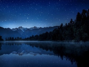 Fog, forest, Mountains, Night, lake