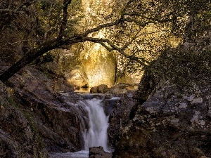 Przebijaj?ce, ligh, sun, luminosity, flash, waterfall, rocks, autumn, forest