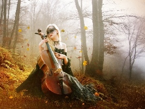 violoncello, forest, Women