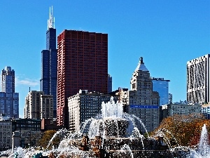 fountain, clouds, Chicago, skyscrapers