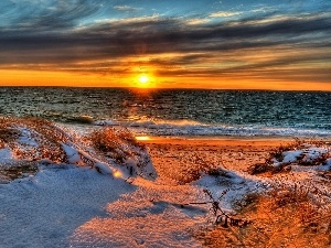Great Sunsets, snow, Beaches, sea, Dunes