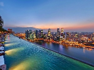 Bay, Stands, Hotel hall, Singapore, panorama, Pool, On Roof, night, Marina