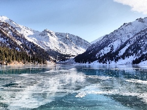 winter, lake, Mountains