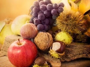 autumn, Leaf, chestnuts, apples, composition, Grapes, nuts