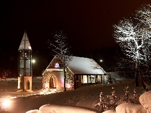light, viewes, Church, snow, trees