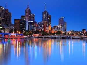 Melbourne, River, skyscrapers, Australia, bridge