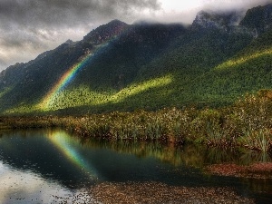 Mountains, Great Rainbows, lake, Rain