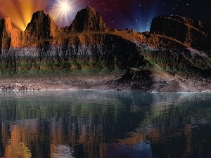 Night, reflection, canyon, lake