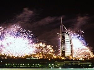 Night, fireworks, Dubaj, Hotel hall