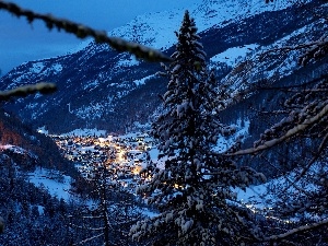Night, Switzerland, winter, Mountains, Houses, Alps