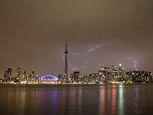 Night, lightning, CN Tower, Ontario