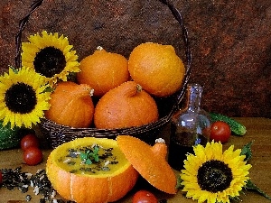 oil, vegetables, pumpkin, composition, Nice sunflowers