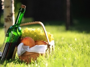peaches, Grapes, basket, picnic, Wine