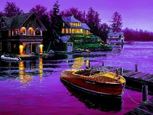picture, Houses, lake, Motor boat