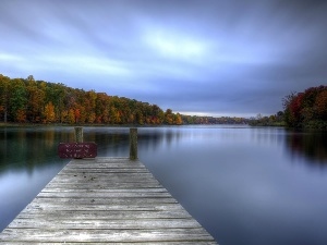 Platform, woods, autumn, lake