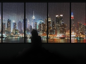 Rain, Windows, Manhattan, skyscrapers