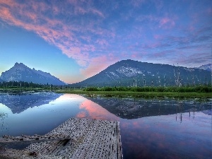 reflection, Platform, Mountains, lake