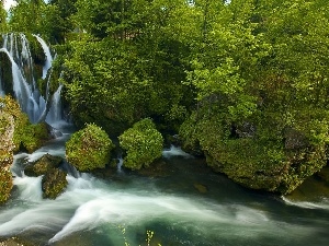 green, River, Mountain, rocks, waterfall, trees, viewes