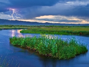 River, lightning, storm, clouds