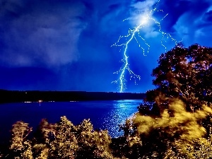 River, Night, Storm, lightning