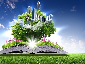 skyscrapers, trees, Book, clouds, Flowers