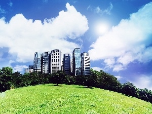 skyscrapers, viewes, Lawn, Hill, clouds, trees