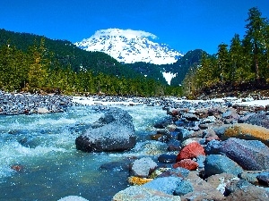 Stones, River, Mountains, woods