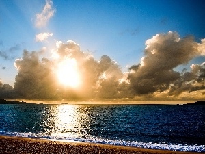 sun, clouds, sea, Coast