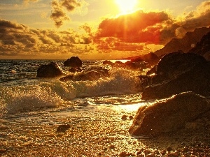 sun, rocks, sea, Waves